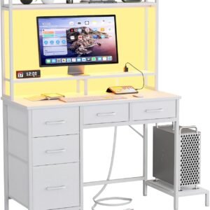 39-Inch Computer Gaming Desk with Hutch Power Outlets LED White