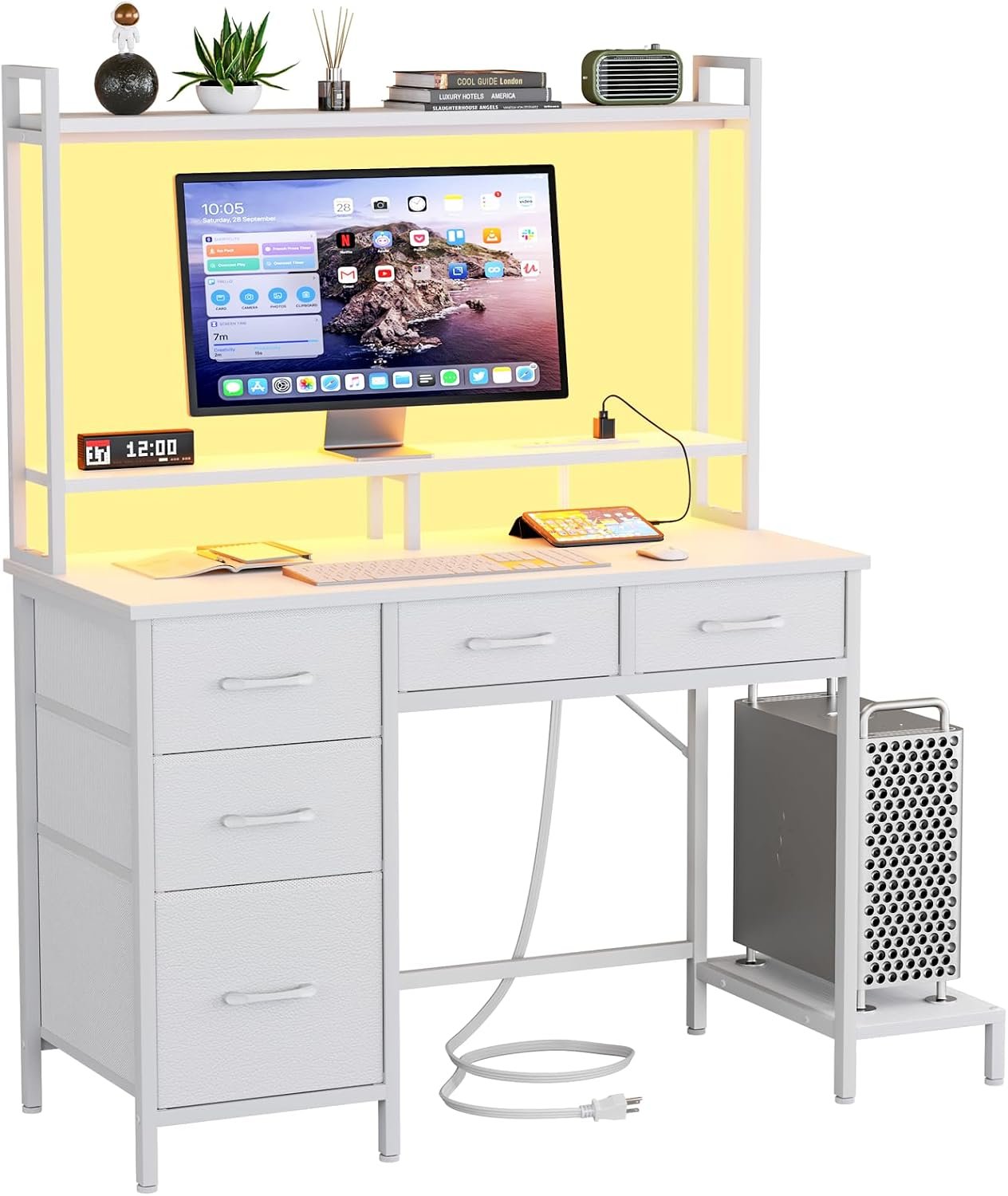 39-Inch Computer Gaming Desk with Hutch Power Outlets LED White