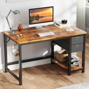 Small Office Computer Desk with Storage Drawers Rust