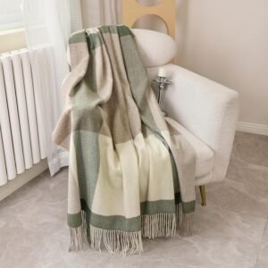 Taupe Grey Green Pure Wool Plaid Throw