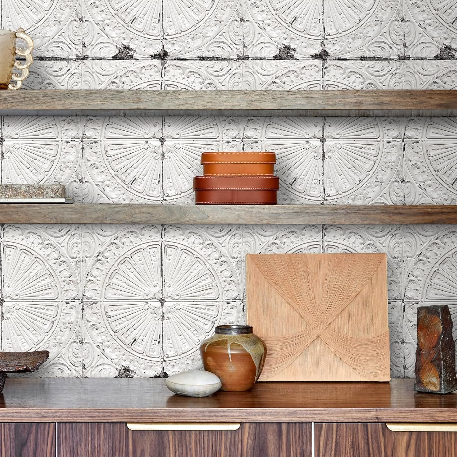 White Tin Tile Wallpaper Peel and Stick Vintage Faux 3D Embossed - Image 2