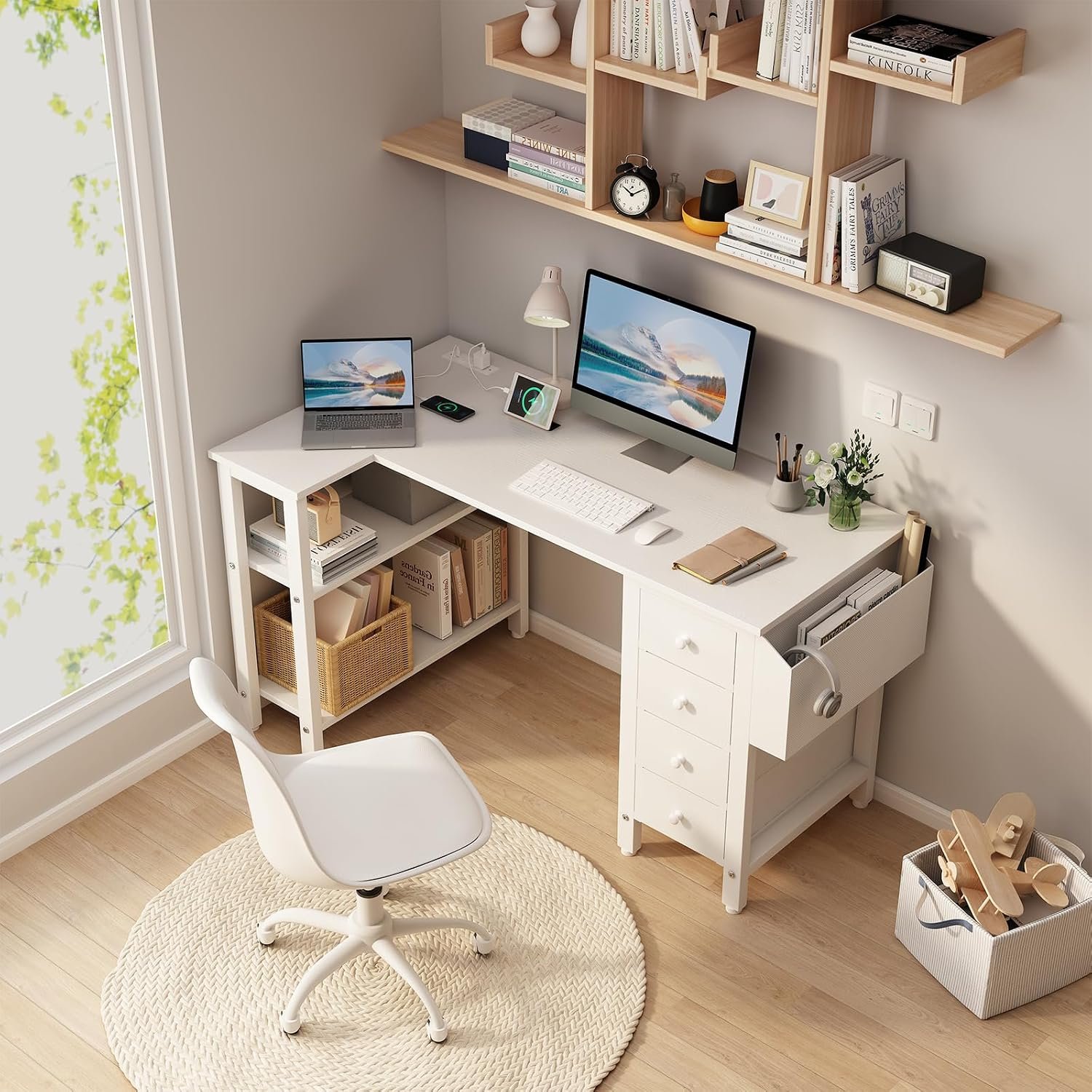 47-Inch White L-Shaped Computer Desk with Drawers - Image 2