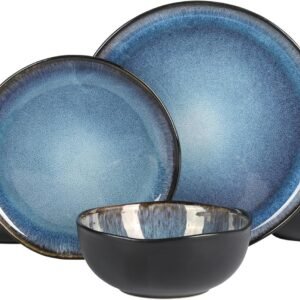 12-Piece Reactive Glaze Stoneware Plates and Bowls Black Blue