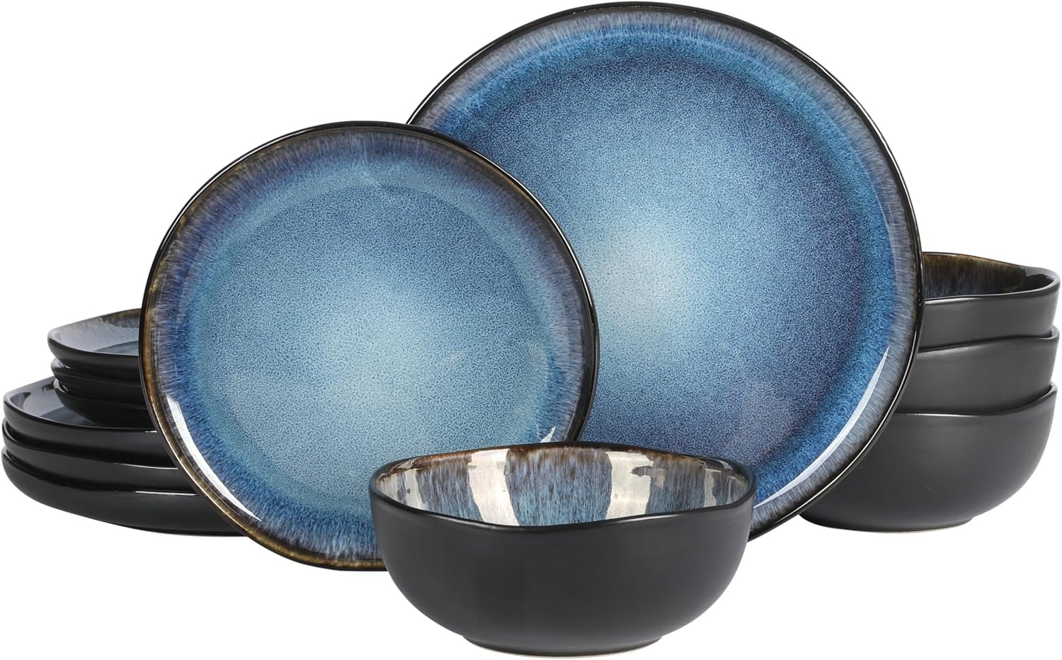 12-Piece Reactive Glaze Stoneware Plates and Bowls Black Blue