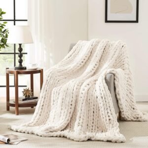 Chunky Chenille Knit Throw Handmade Cable Crochet Blanket