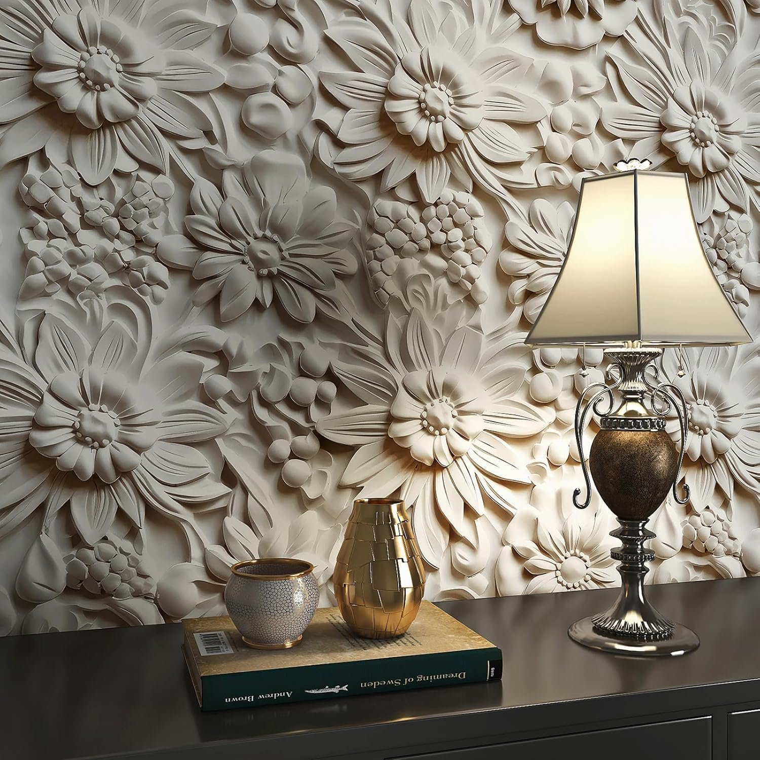 Off White 3D Floral Wallpaper Peel and Stick Embossed Flower - Image 2