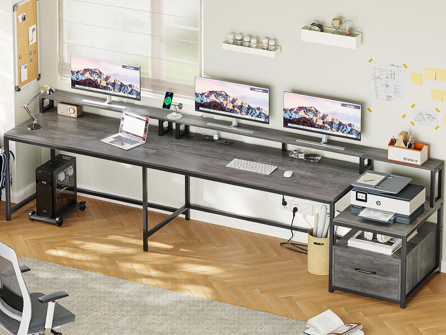 66-Inch L-Shaped Office Desk with File Drawer and Power Outlet Grey - Image 2