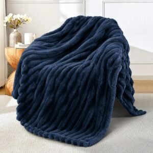 Navy Blue Striped Jacquard Fleece Throw