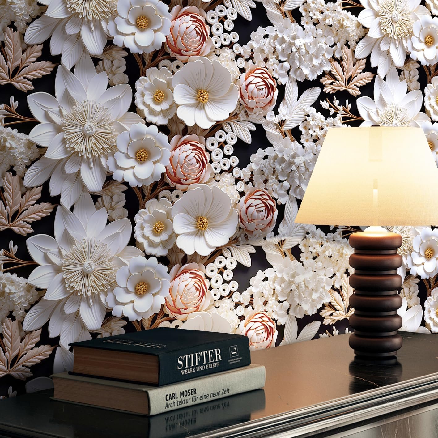 White 3D Floral Wallpaper Pink Embossed Peel and Stick - Image 2
