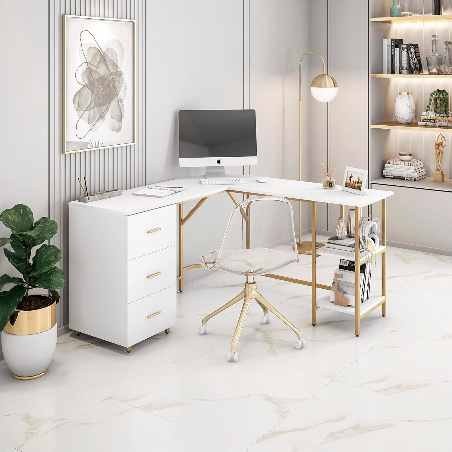 Two-Toned L-Shaped Desk with Drawers and Storage Shelves - Image 2