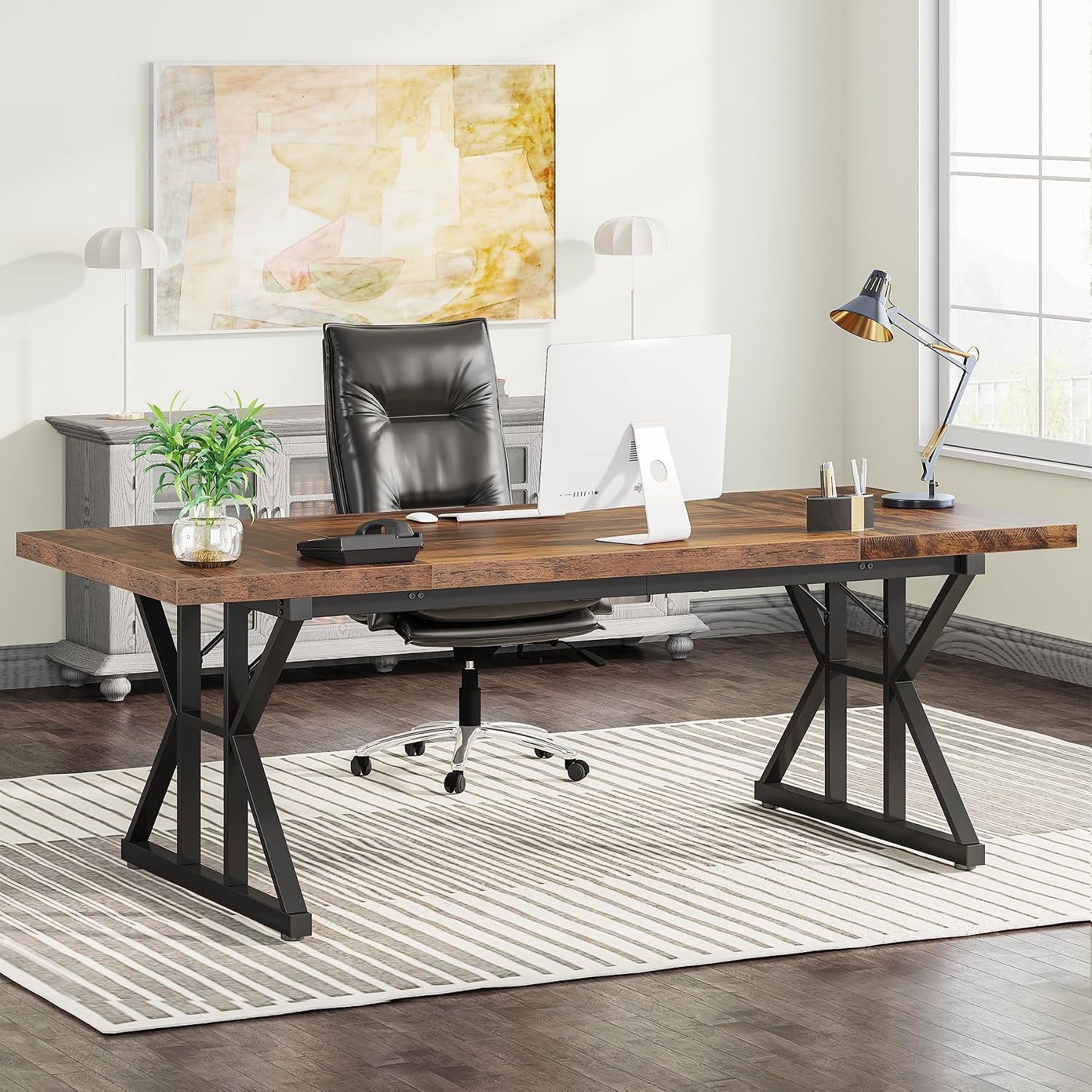 70.8-Inch Large Executive Computer Office Desk Brown/Black
