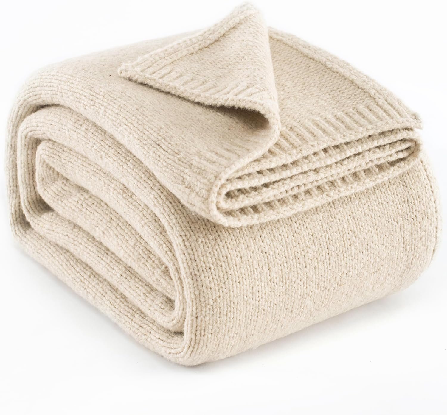 Light Beige Wool Blend Cable Knit Throw