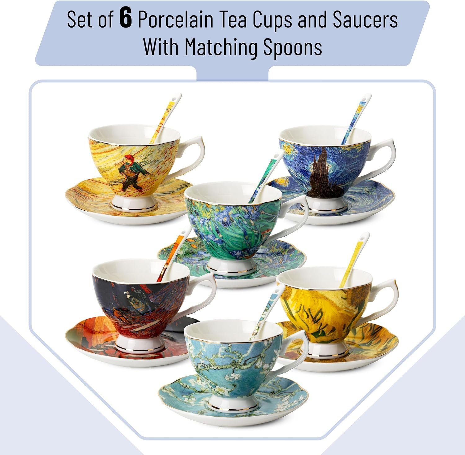 6-Piece Porcelain Tea Cups and Saucers with Spoons - Image 2