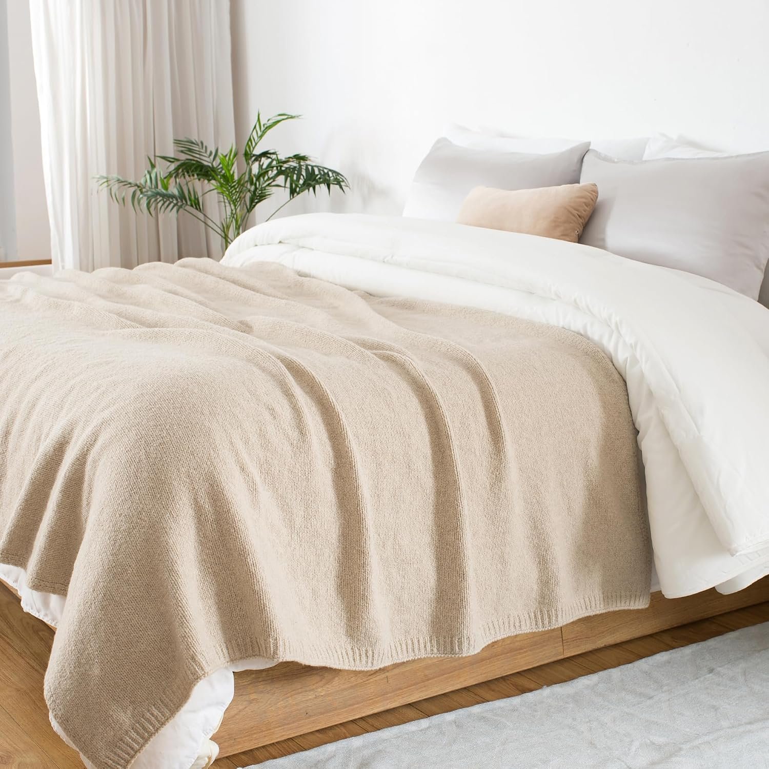 Light Beige Wool Blend Cable Knit Throw - Image 2