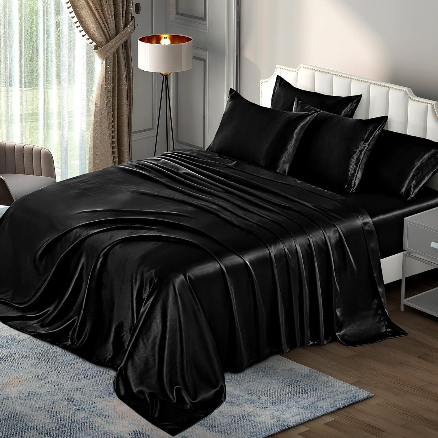 6-Piece Silky Black Satin Sheet Set Deep Pocket
