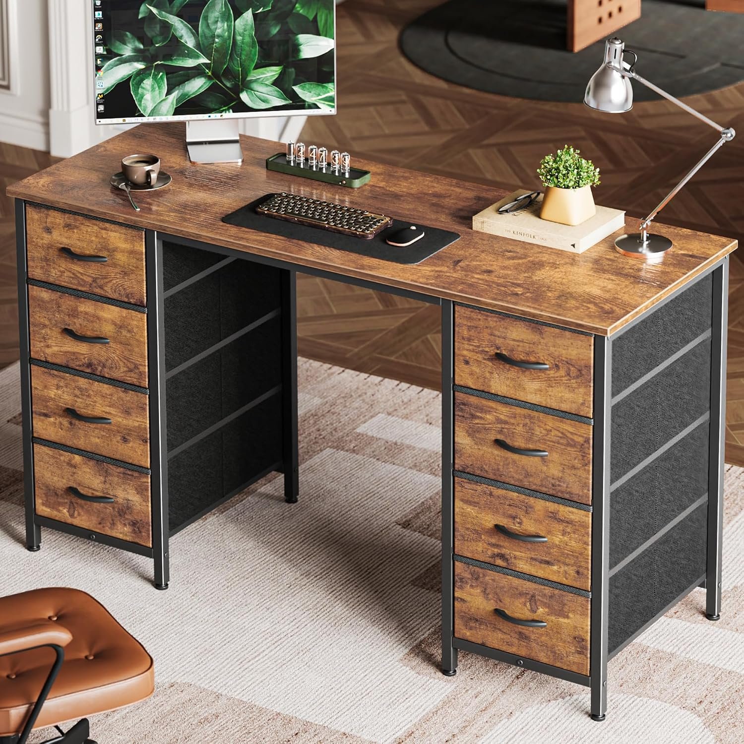 47-Inch Computer Desk with 8 Fabric Drawers Rustic Brown