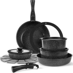 15-Piece Marble Coated Nonstick Cookware Set Removable Handle