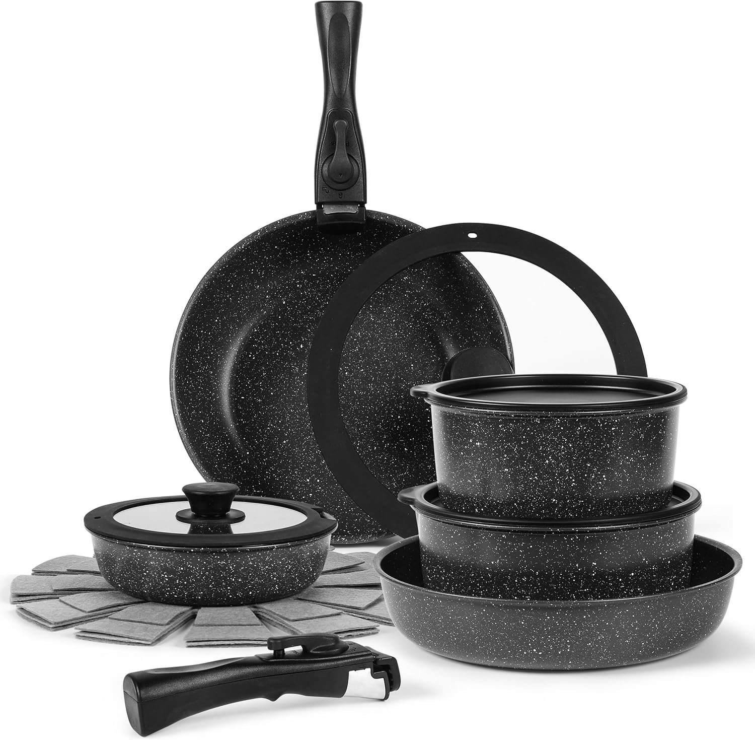 15-Piece Marble Coated Nonstick Cookware Set Removable Handle