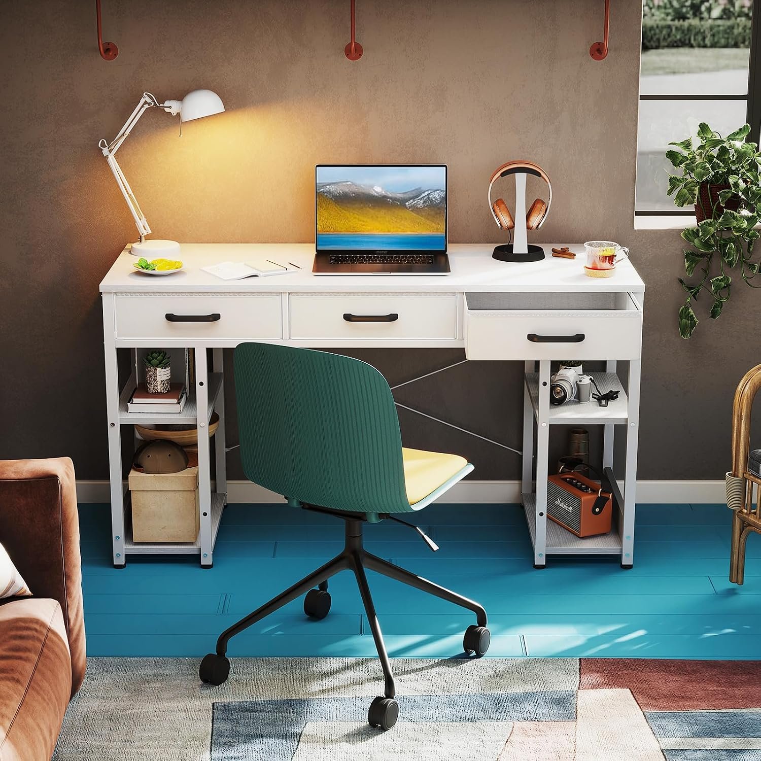 48-Inch White Office Small Computer Desk with Fabric Drawers - Image 2