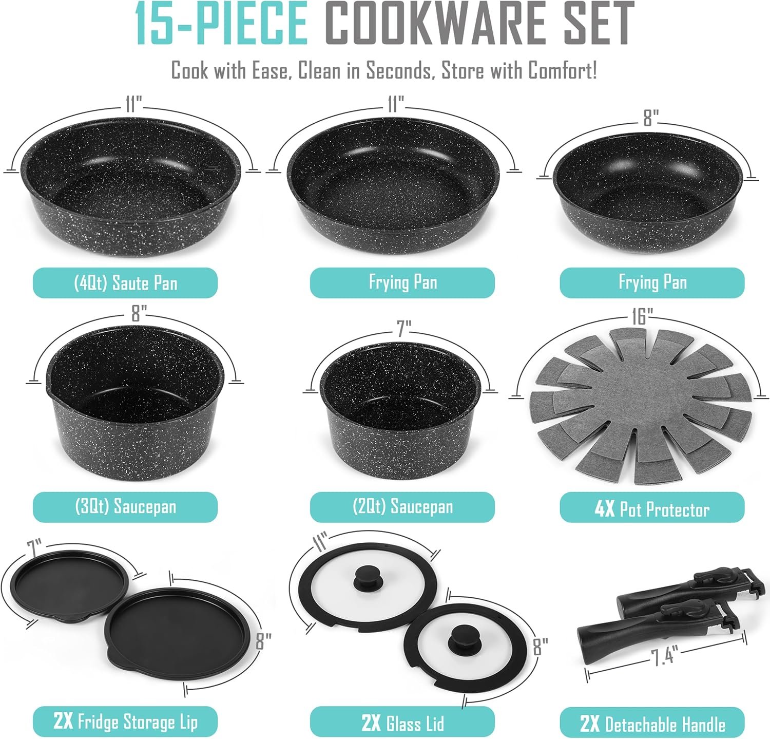 15-Piece Marble Coated Nonstick Cookware Set Removable Handle - Image 2