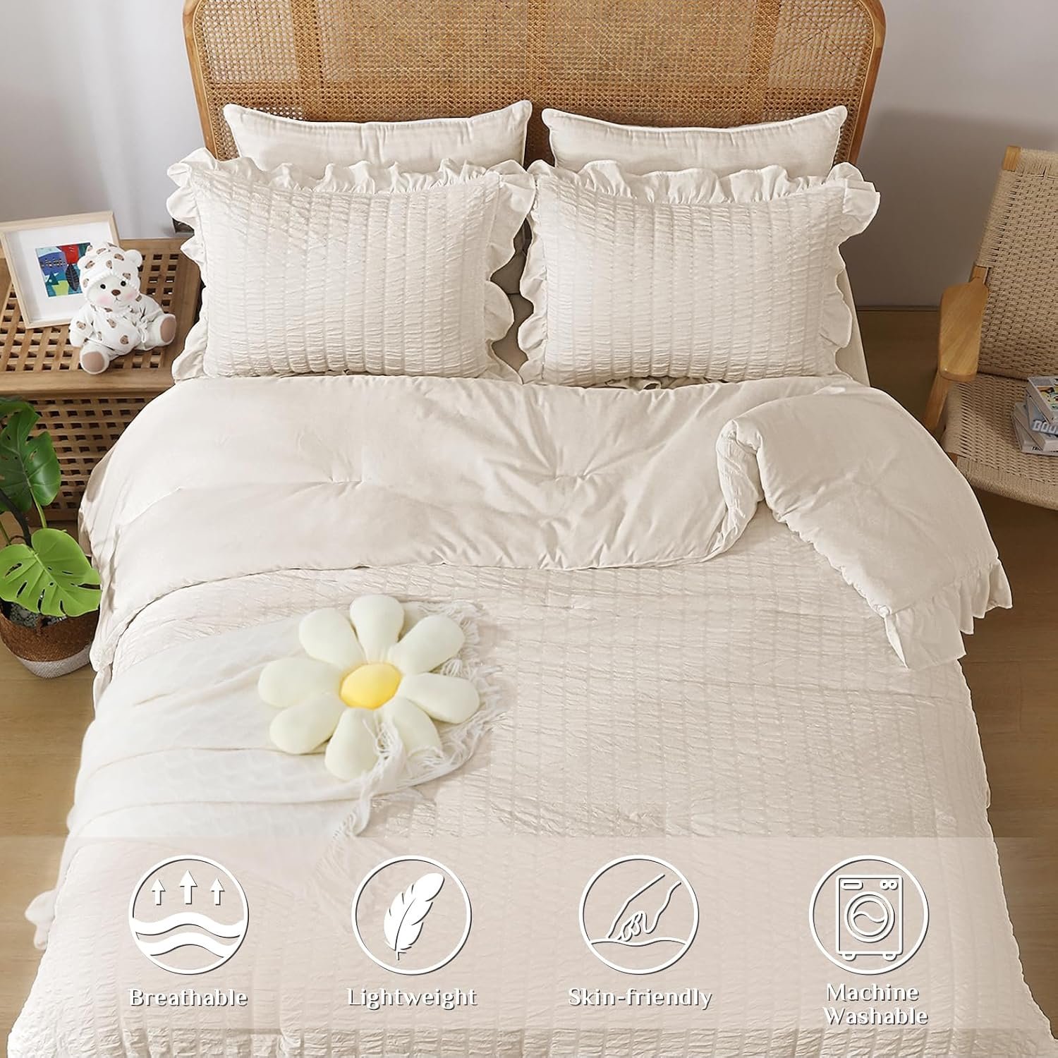 Beige Seersucker 3-Piece Lightweight Comforter Set - Image 2