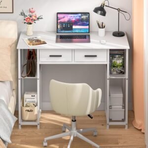 37.3-Inch White Computer Desk with Drawers and Storage Shelf