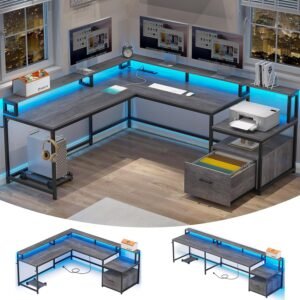 66-Inch L-Shaped Office Desk with File Drawer and Power Outlet Grey