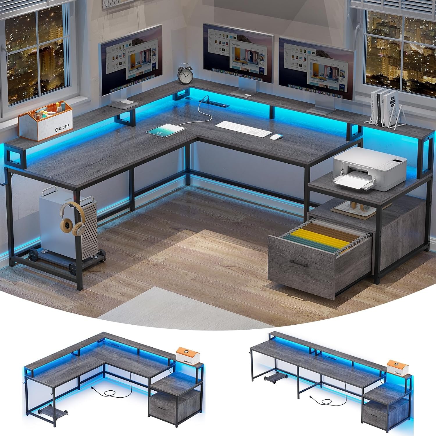 66-Inch L-Shaped Office Desk with File Drawer and Power Outlet Grey