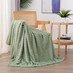 Sage Green Striped Plush Fleece Throw