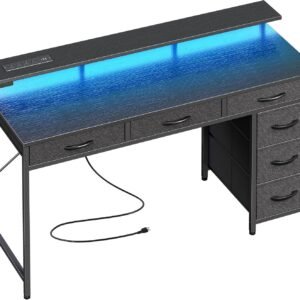 47-Inch Gaming Desk with 6 Drawers LED Lights Power Outlets Black