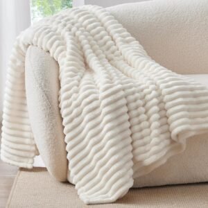 Cream White Striped Fleece Throw
