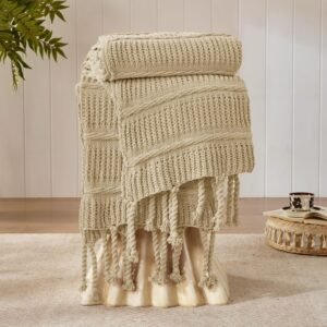 Boho Chenille Knit Throw with Tassels Sandy Beige