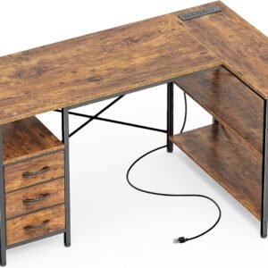 47-Inch L-Shaped Office Desk with Power Outlets and Shelves