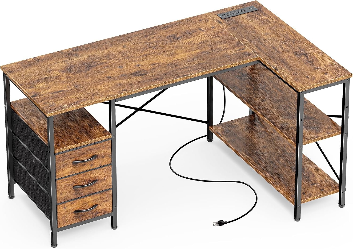 47-Inch L-Shaped Office Desk with Power Outlets and Shelves