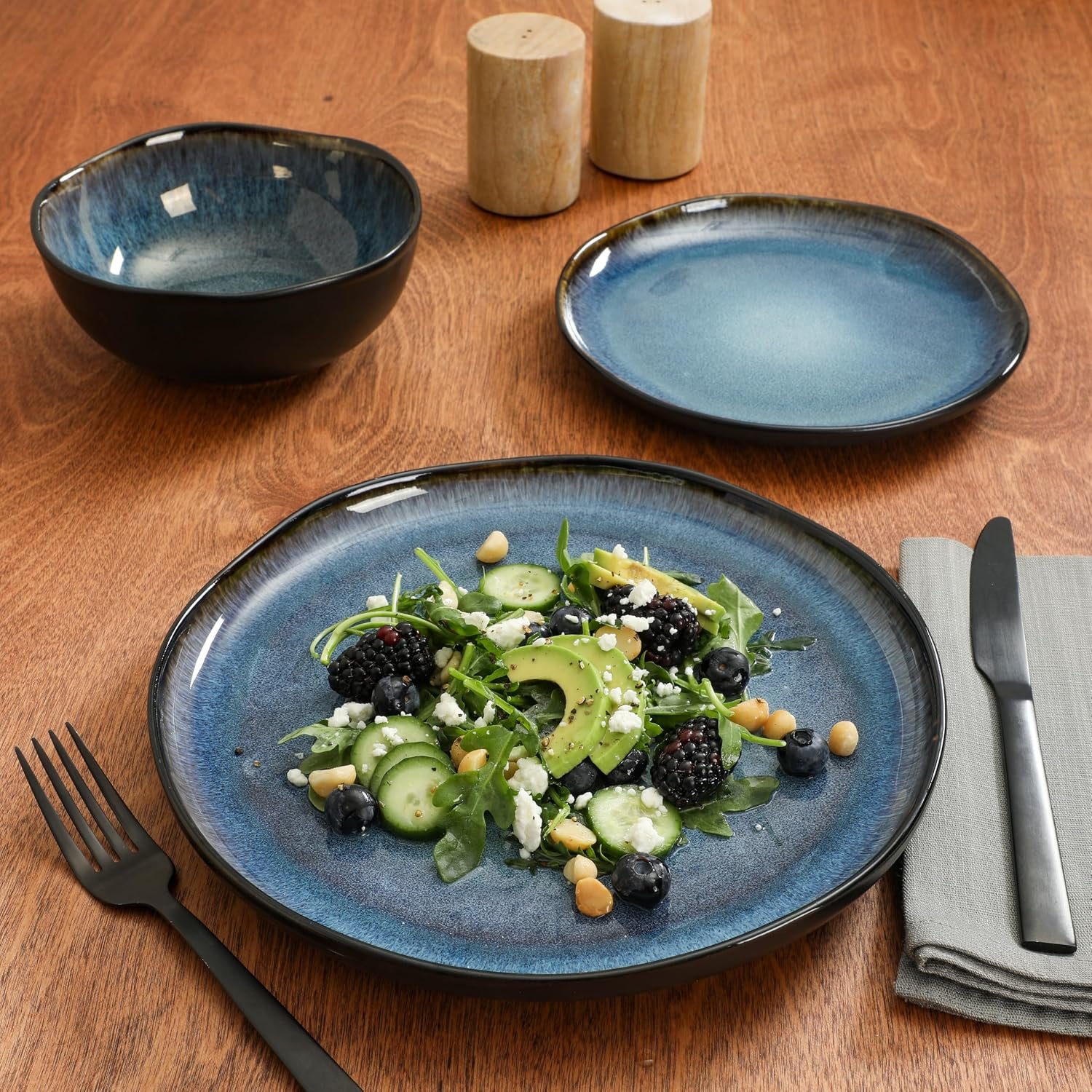 12-Piece Reactive Glaze Stoneware Plates and Bowls Black Blue - Image 2