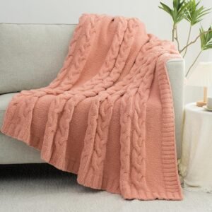 Pink Cable Fluffy Microfiber Chunky Knit Throw