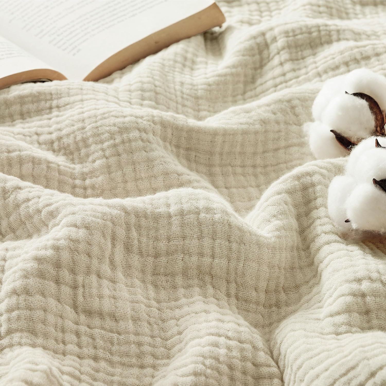 Cotton Muslin 4-Layer Breathable Throw Linen Beige