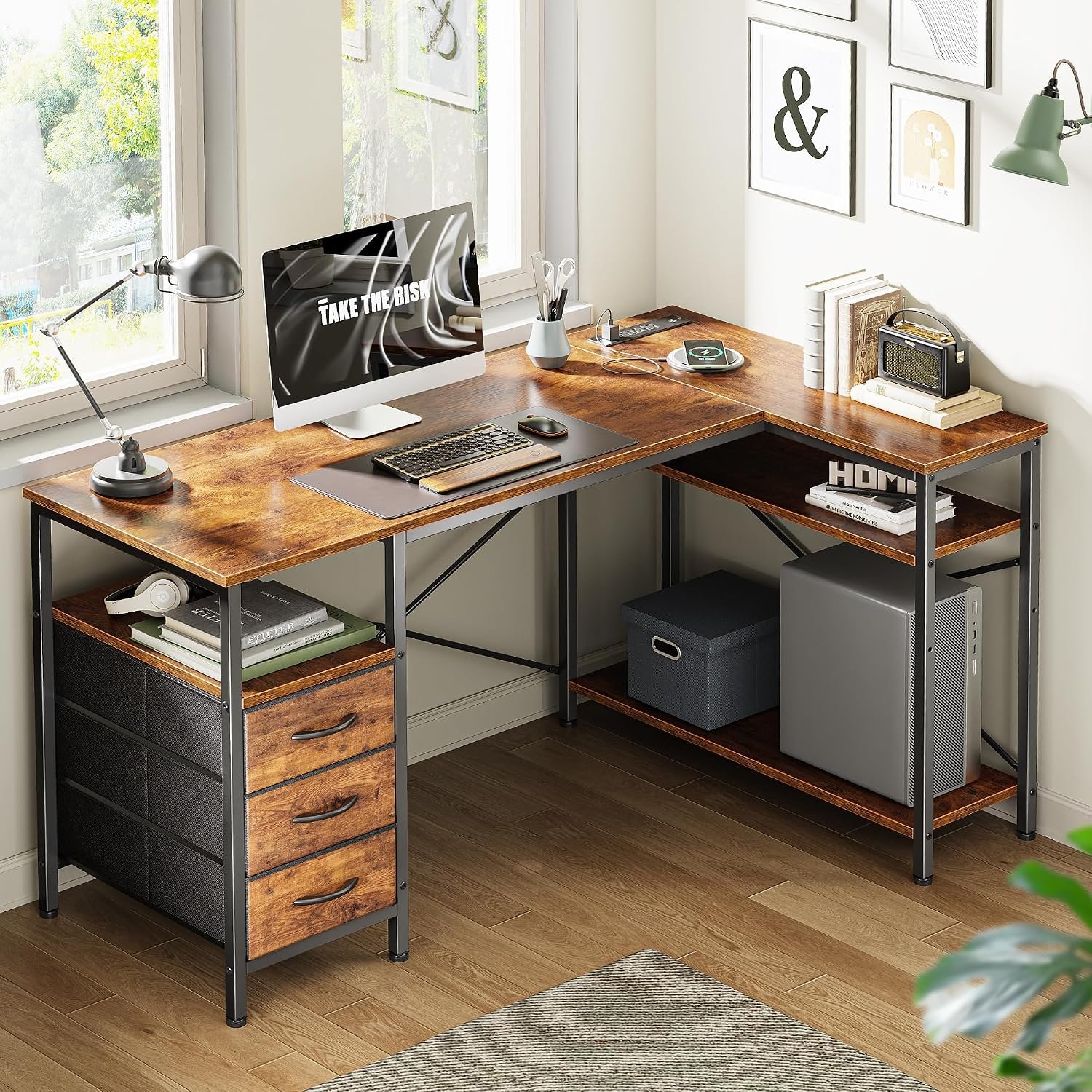 47-Inch L-Shaped Office Desk with Power Outlets and Shelves - Image 2