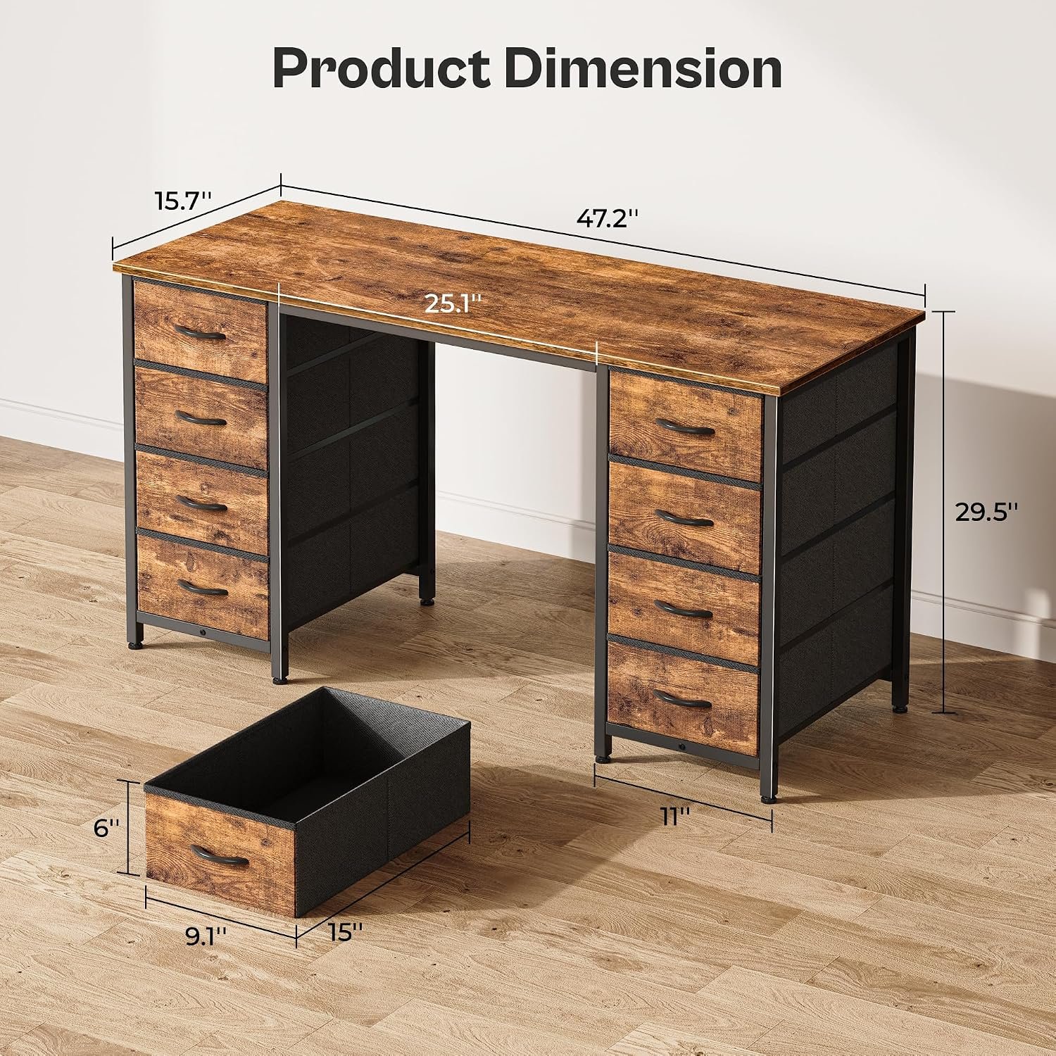 47-Inch Computer Desk with 8 Fabric Drawers Rustic Brown - Image 2