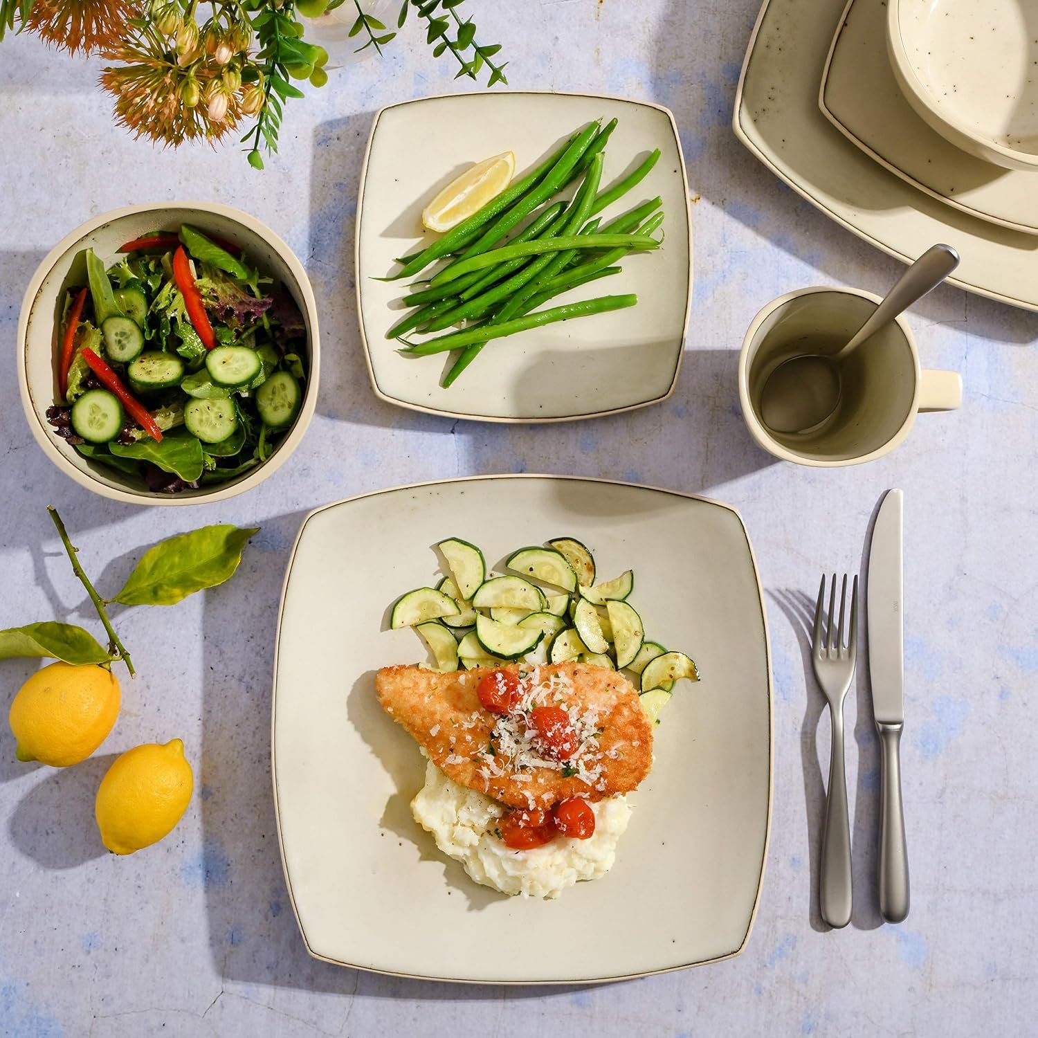 16-Piece Square Speckled Taupe Reactive Glaze Dinnerware Set - Image 2