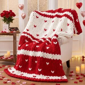 Cream Chenille Loop Yarn Heart Chunky Knit Throw